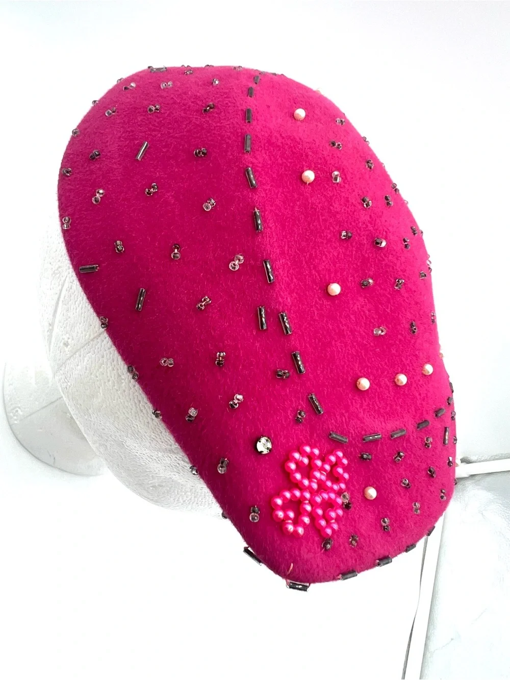 Vintage Lee Pink Genuine Velour Beaded Cocktail Hat Pearls Floral 1940s mid cent